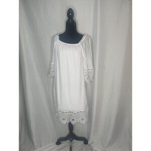 White Boho-Style Off-Shoulder Dress With Lace Trim Sleeves & Hem Cotton Size M